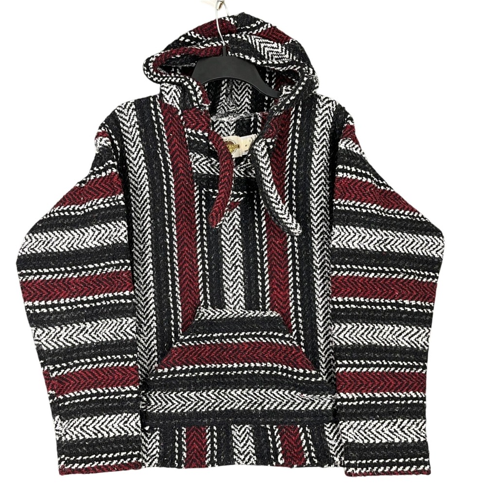 Earth Ragz L Baja Hoodie Mexican Jerga Striped Pullover Black Red Gray‎